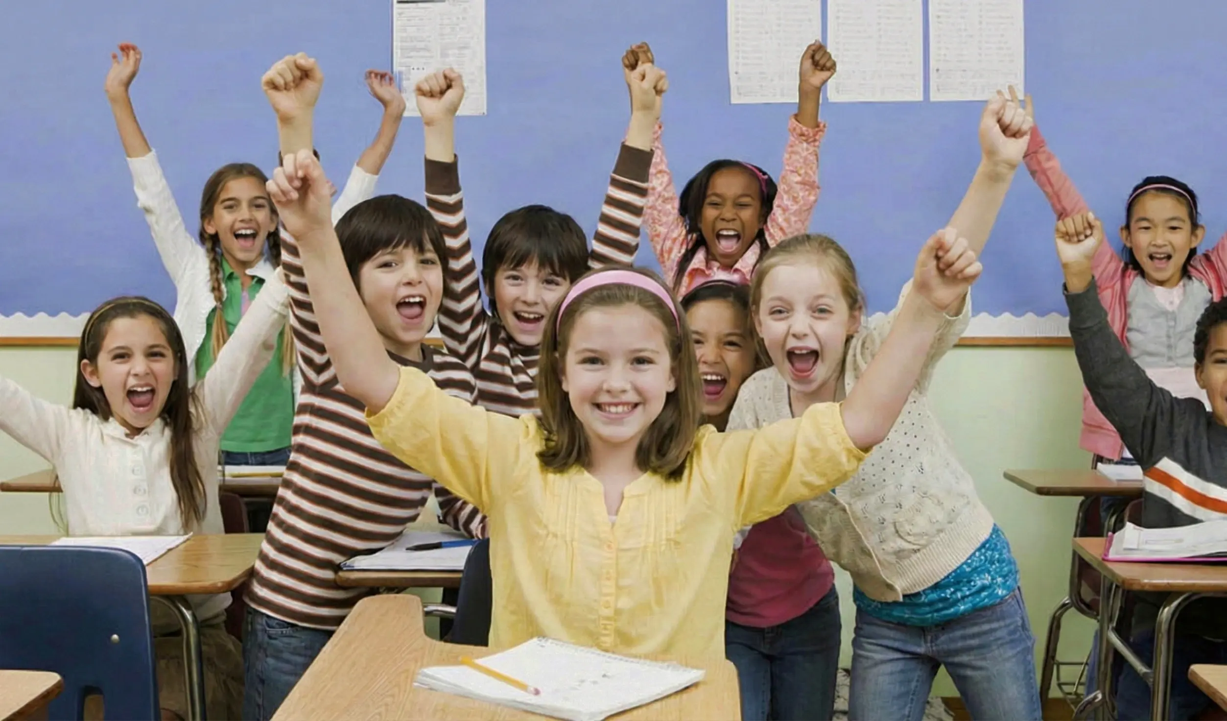 Happy students raising hands
